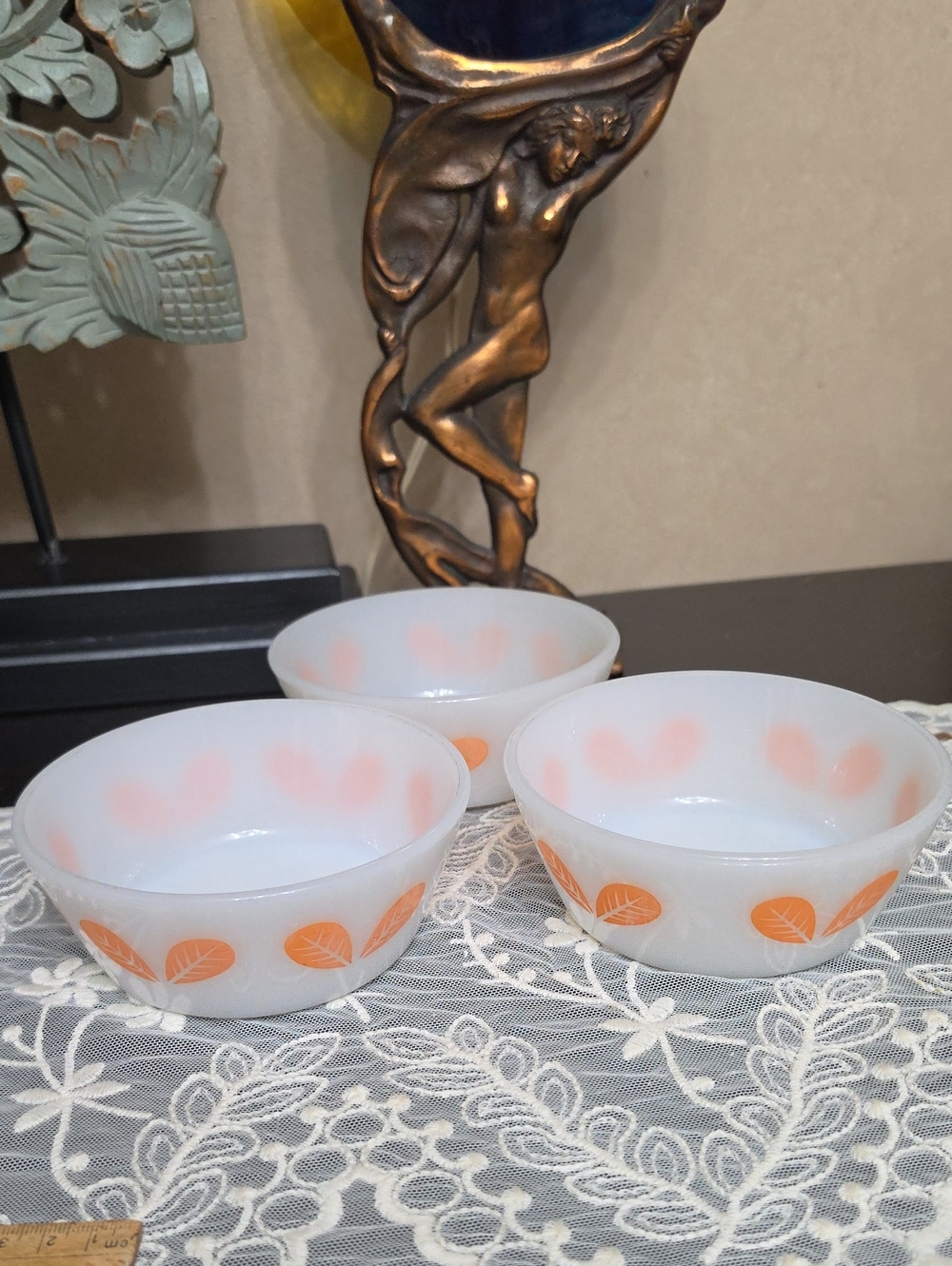 Fire King White Milk Glass Dessert Bowls with Orange Leaf Motif - Set of 3